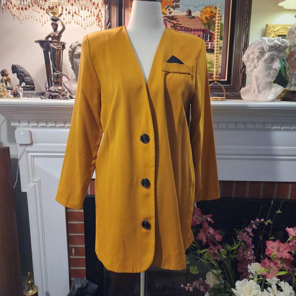 Bedford Fair Vintage 80s Golden Yellow Long Blazer Faux Pocket Square Size 12